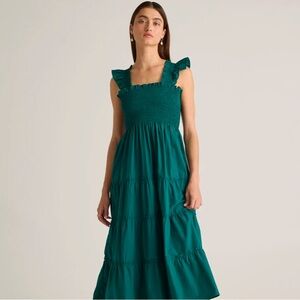 Quince 100%‎ Organic Cotton Poplin Smocked Midi Dress Garden Green Size L EUC